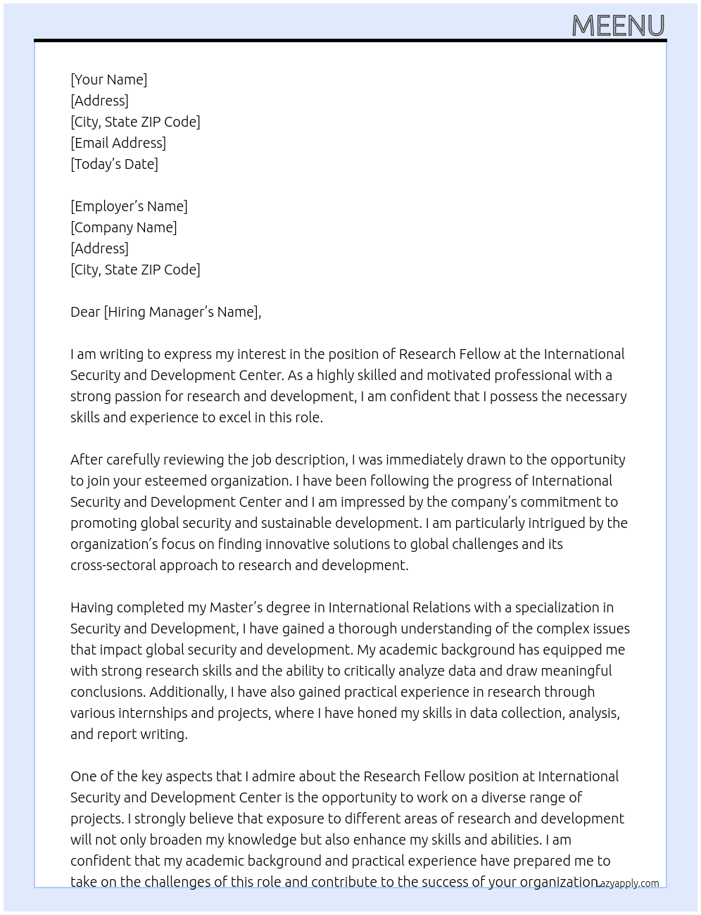 Research Fellow At International Security and Development Center Cover Letter