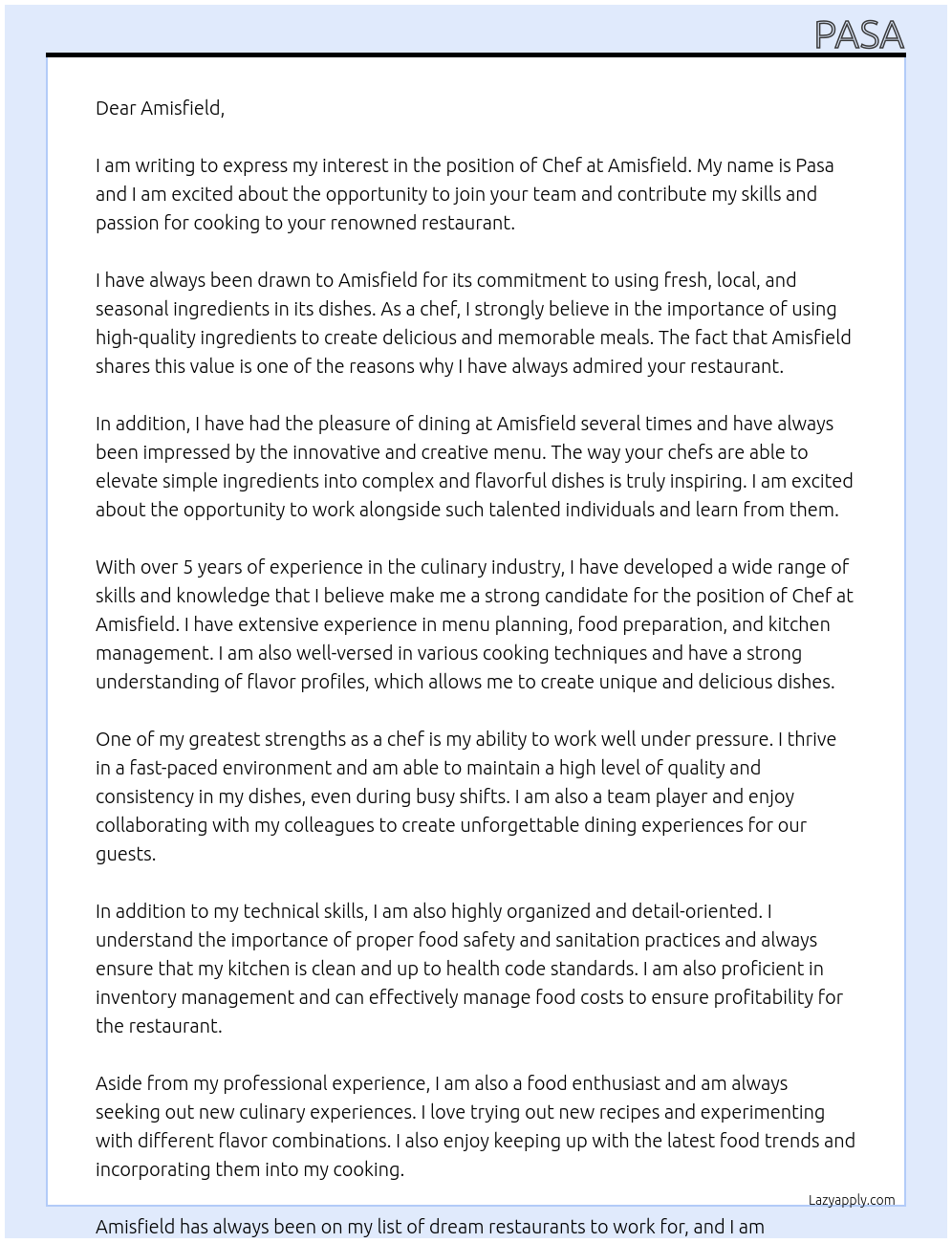 Chef At Amisfield Cover Letter