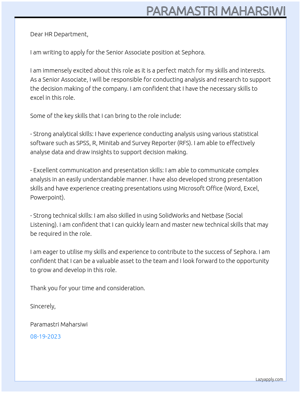 Senior Associate At Sephora Cover Letter