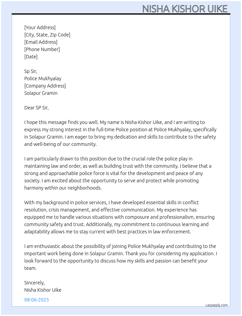Cover letter for police - LazyApply