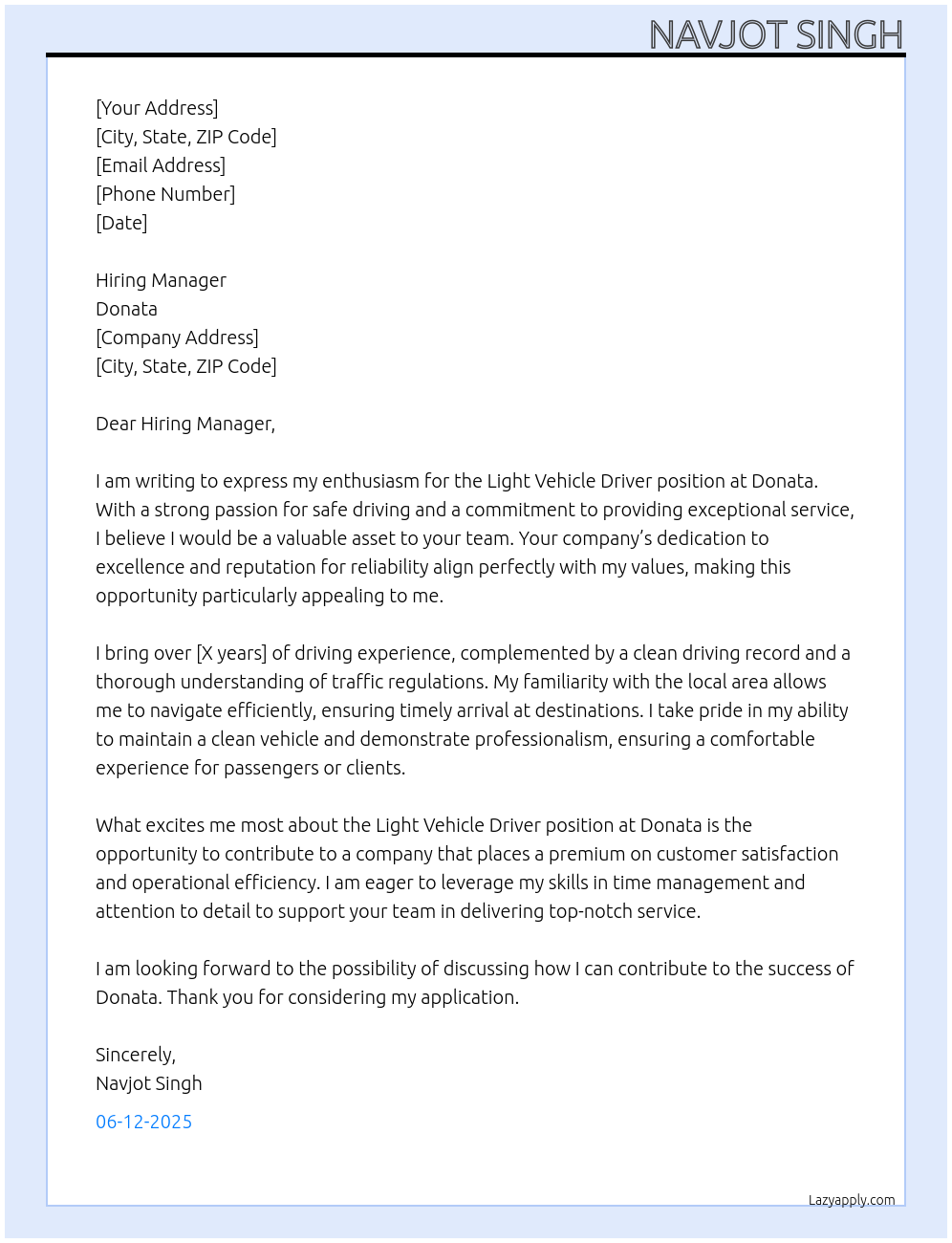 Light vehicle driver At Donata Cover Letter