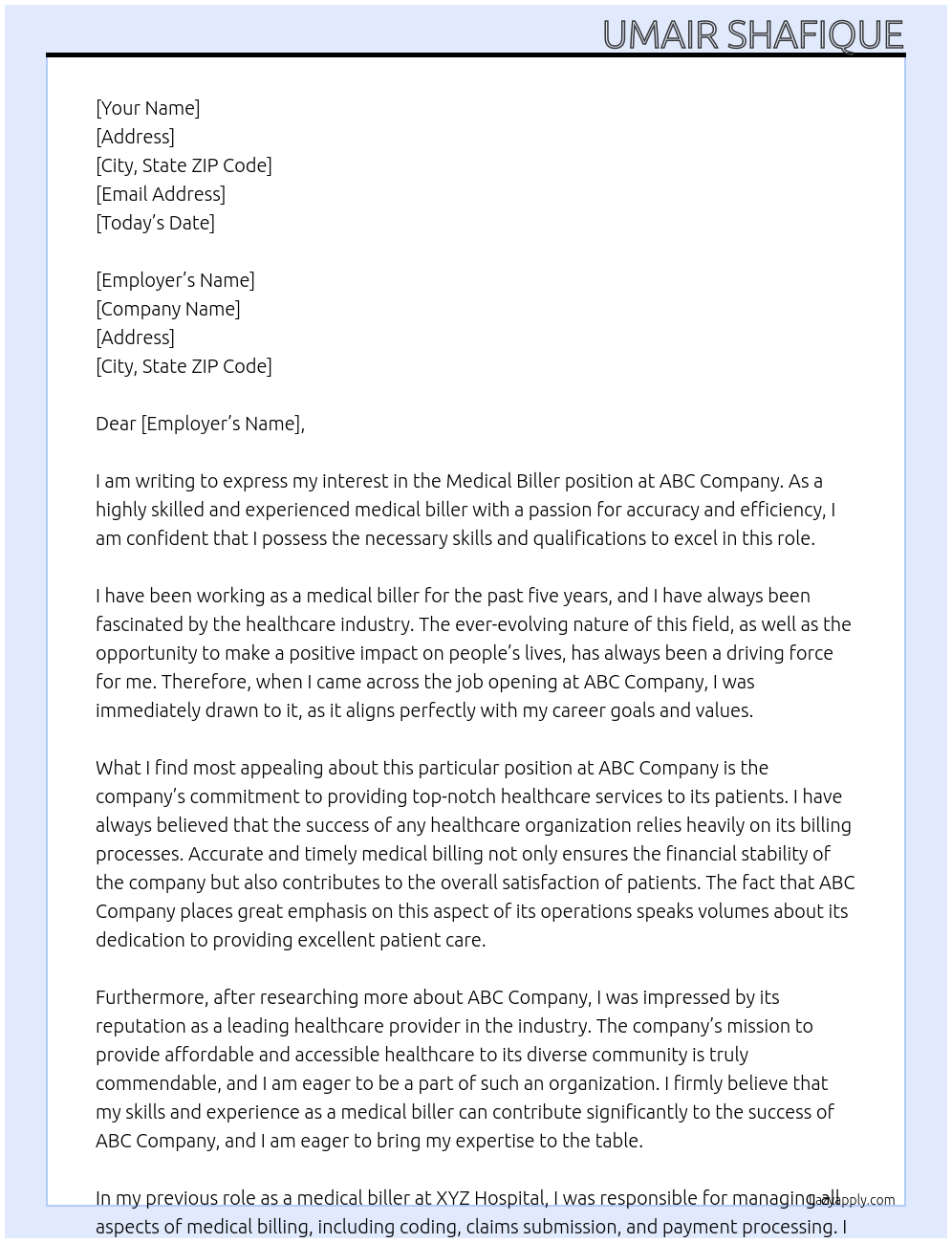 Medical Biller At abcc Cover Letter
