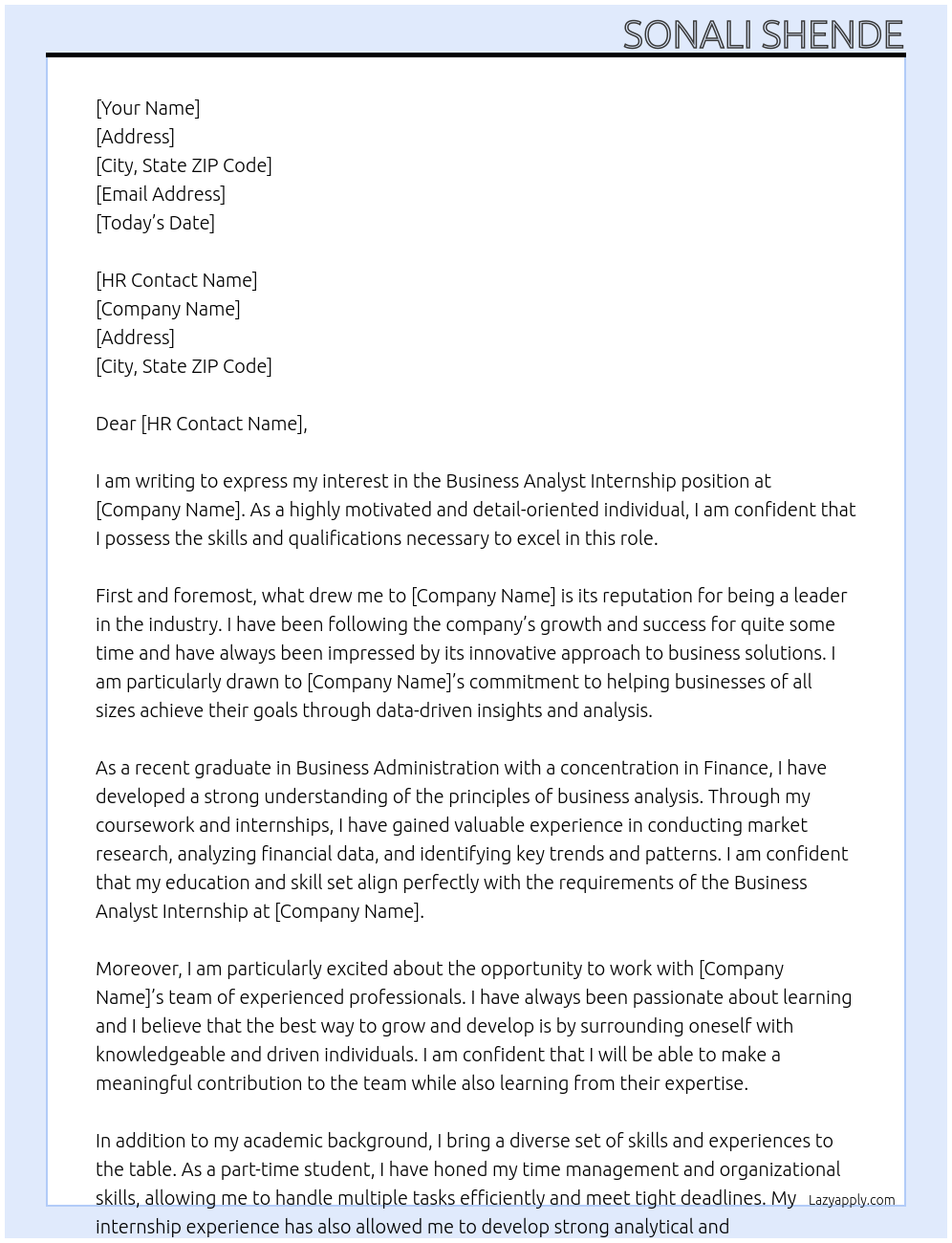 business analyst internship At jar  Cover Letter