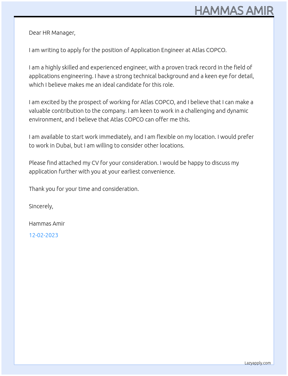 Application Engineer At Atlas COPCO Cover Letter