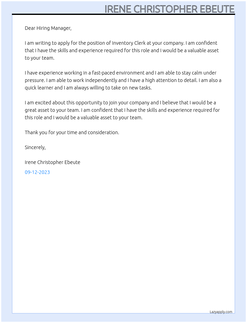 Inventory Clerk At your Company Cover Letter