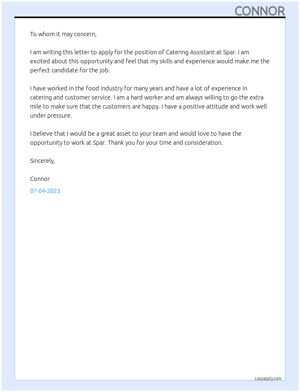 Catering Assistant At Spar Cover Letter