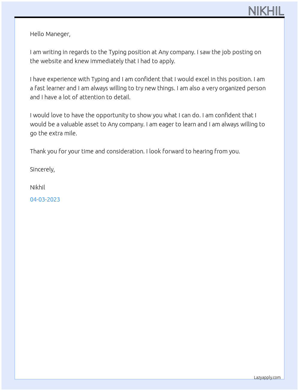 Typing At Any company Cover Letter