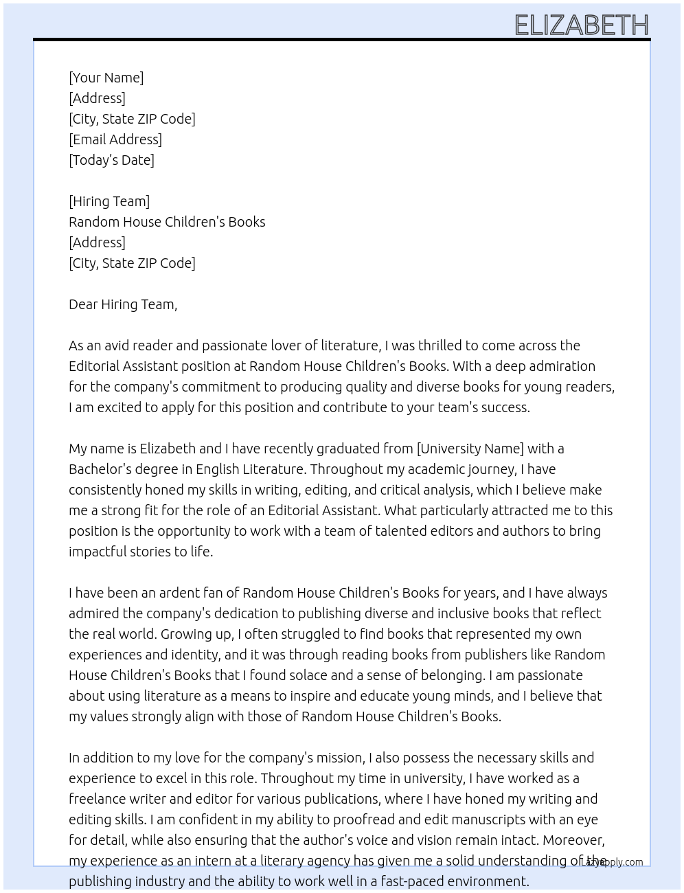 Editorial Assistant At Random House Children's Books  Cover Letter