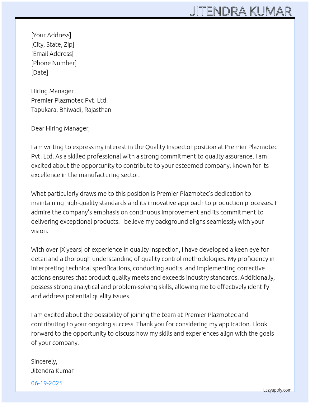 Quality inspector At Premier plazmotec pvt ltd tapukara, bhiwadi (Raj.) Cover Letter