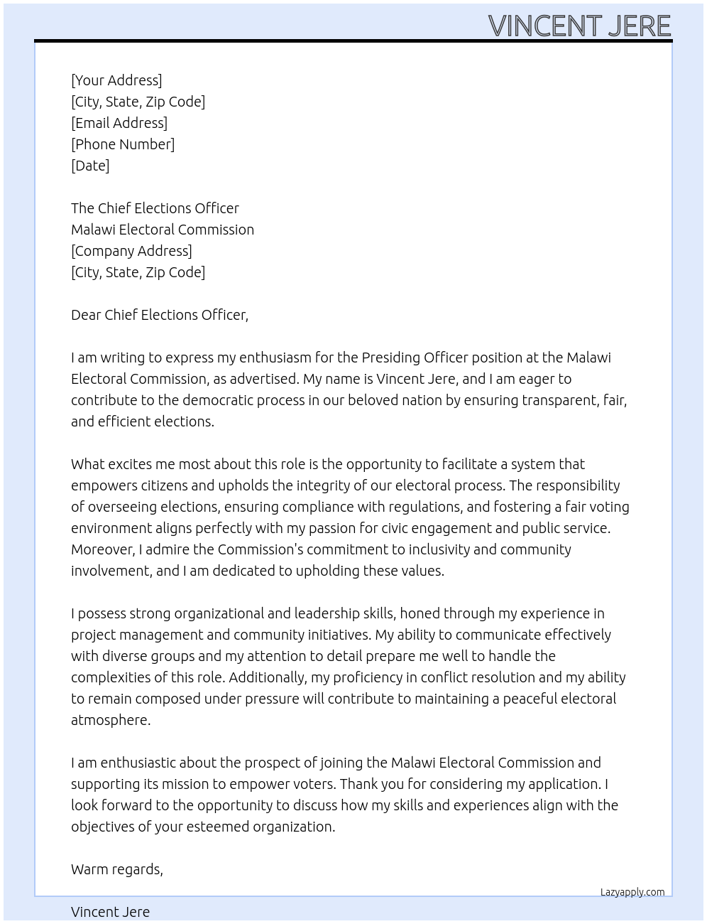 Presiding Officer At Malawi Electoral Commission Cover Letter