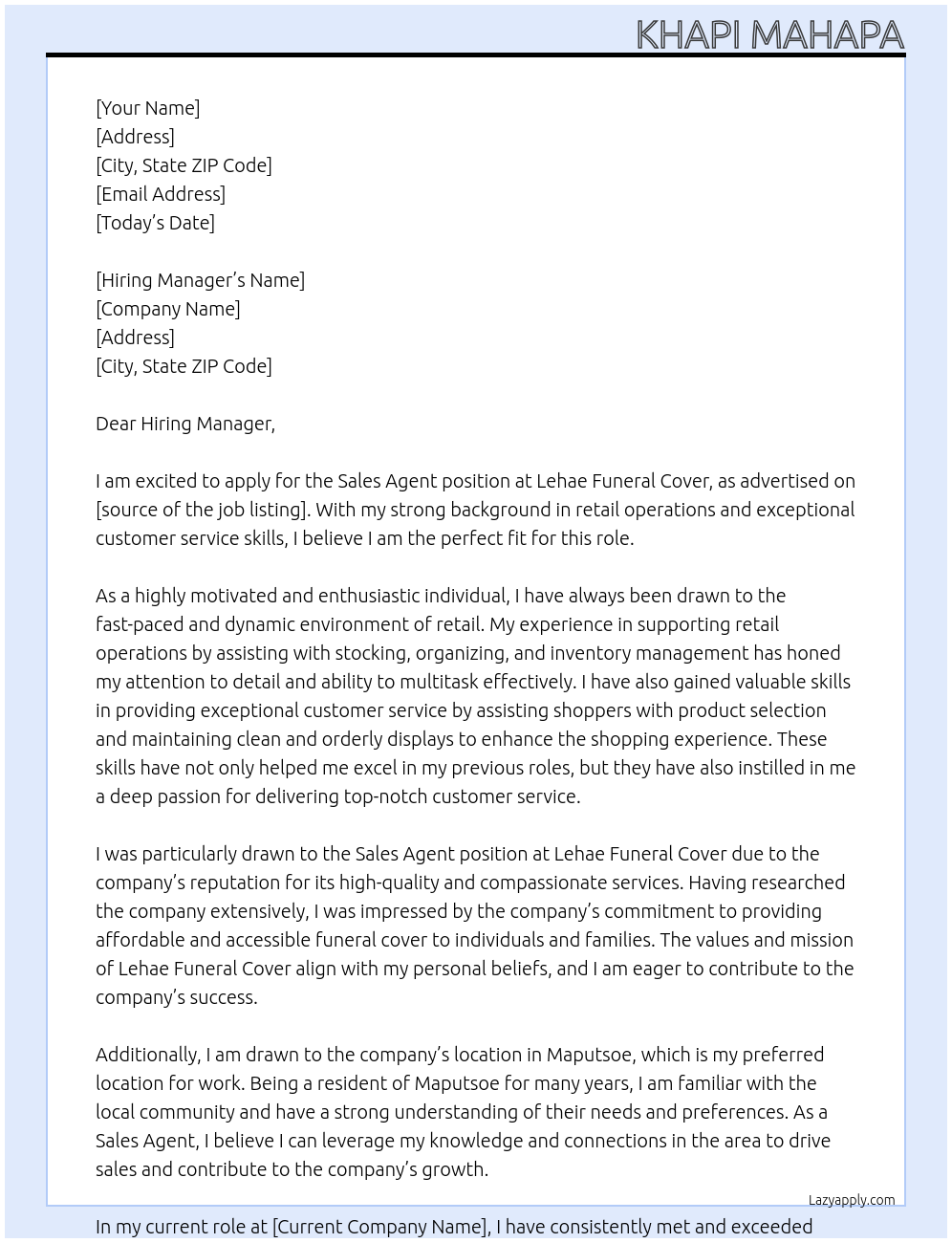 Sales Agent At Lehae Funeral Cover Cover Letter