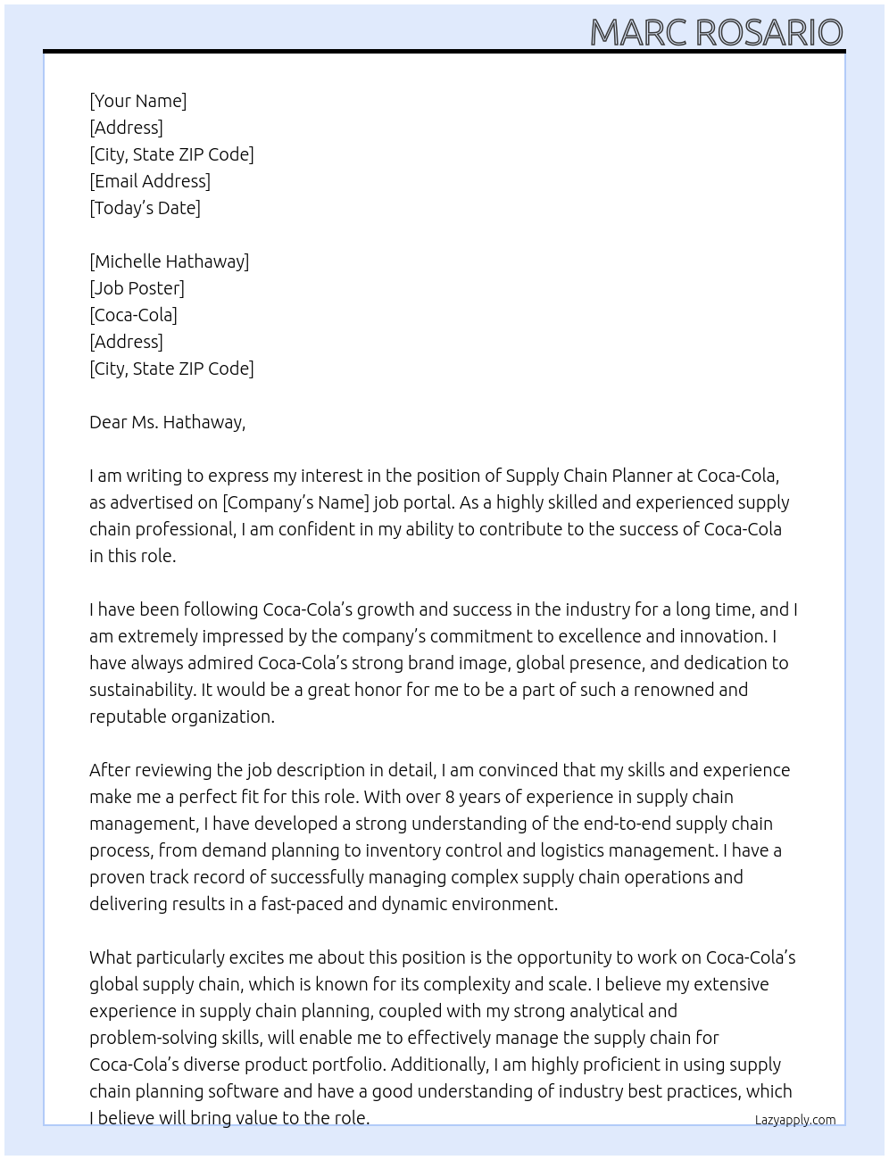 Supply Chain Planner At Coca-Cola Cover Letter