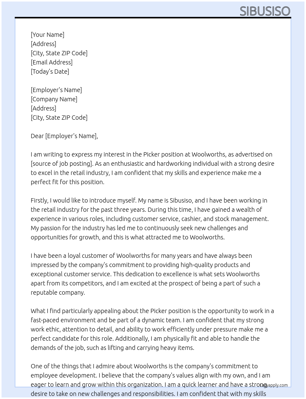 Picker At woolworths Cover Letter