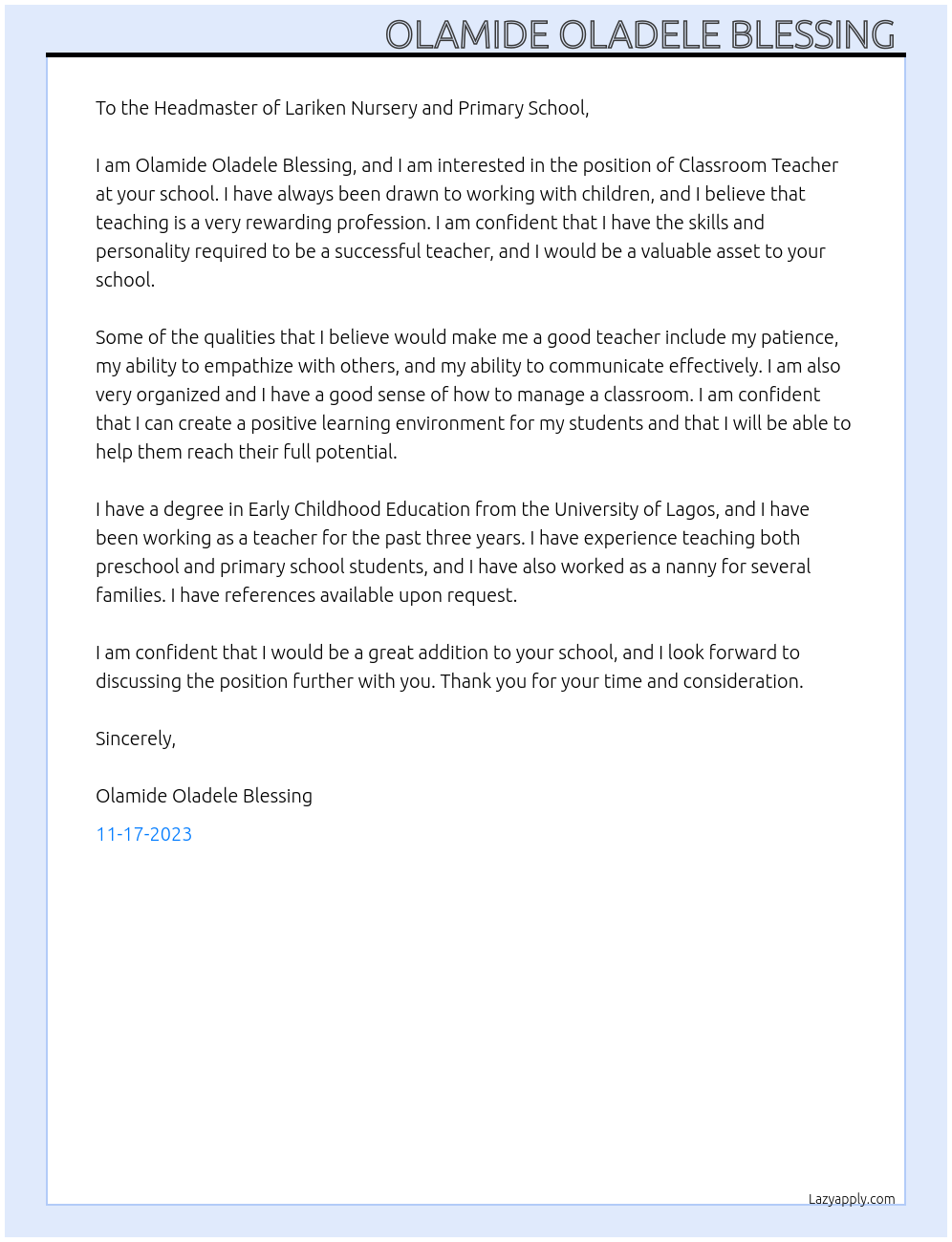 Classroom Teacher  At Lariken nursery and primary school  Cover Letter