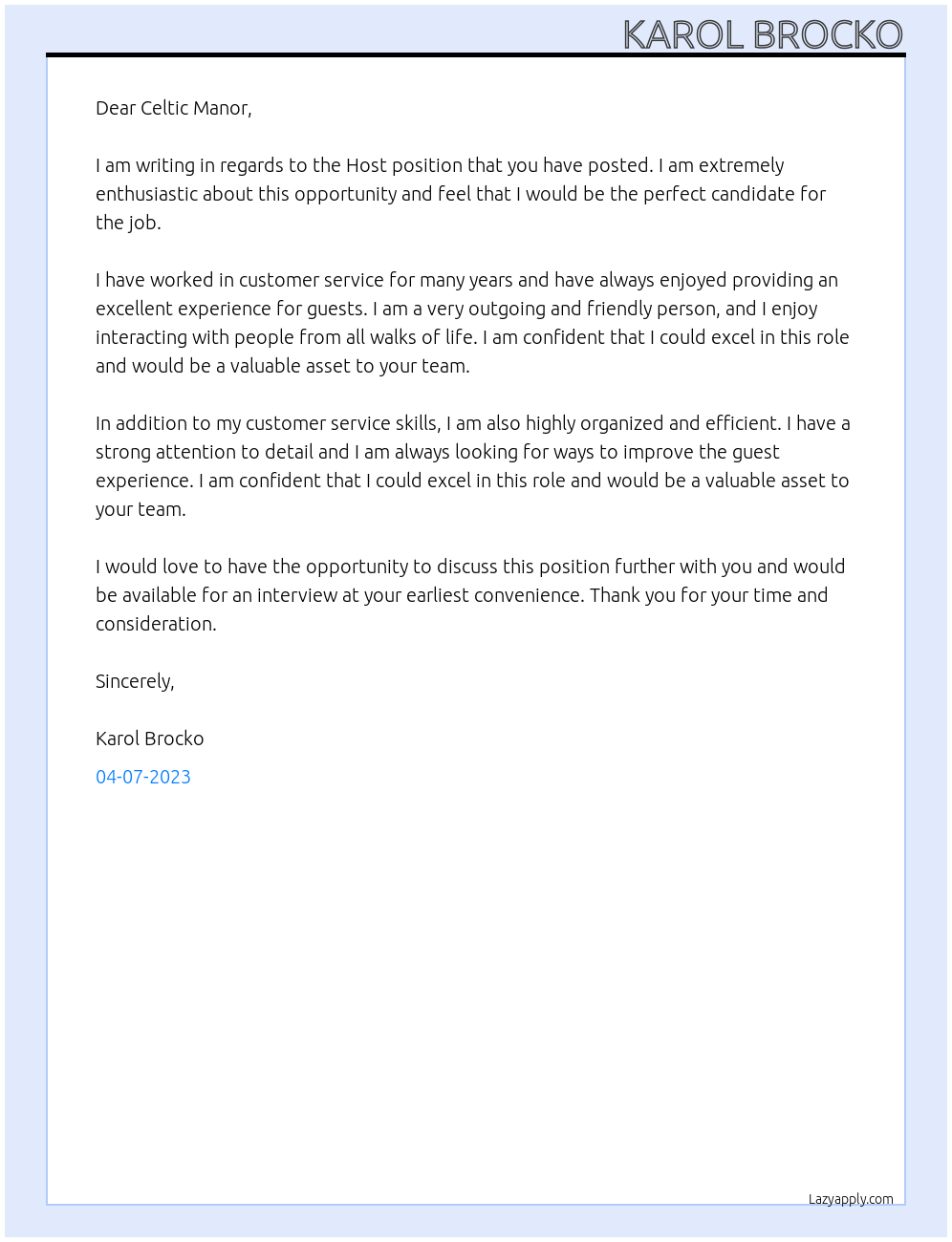 Host At Celtic Manor Cover Letter