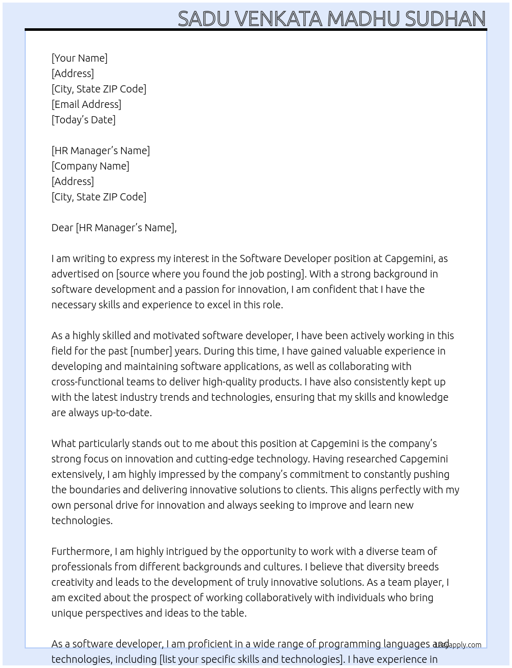 software develpoer At capgemini Cover Letter