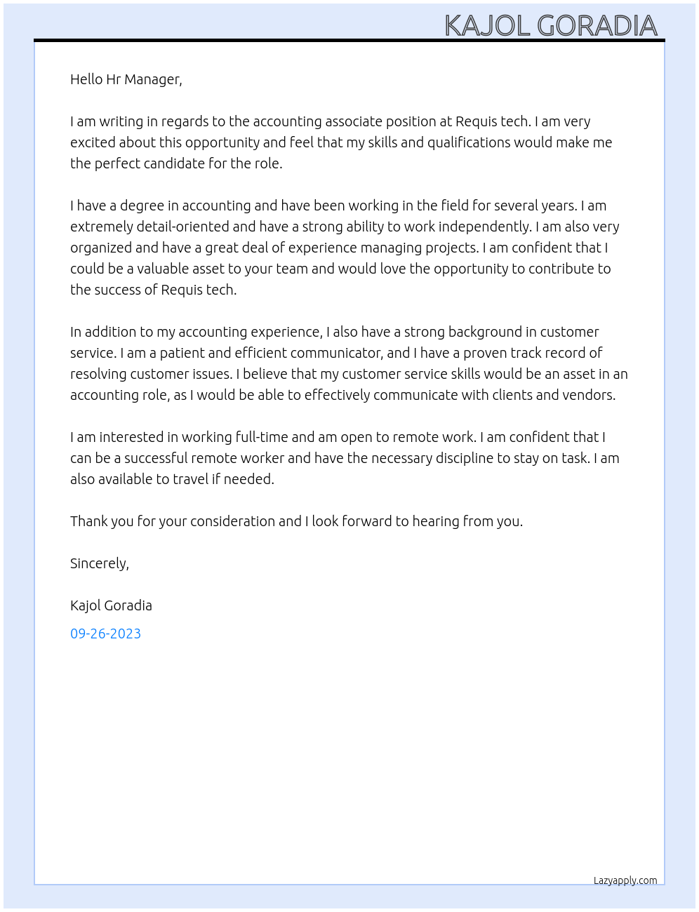 Accounting associate  At Requis tech Cover Letter