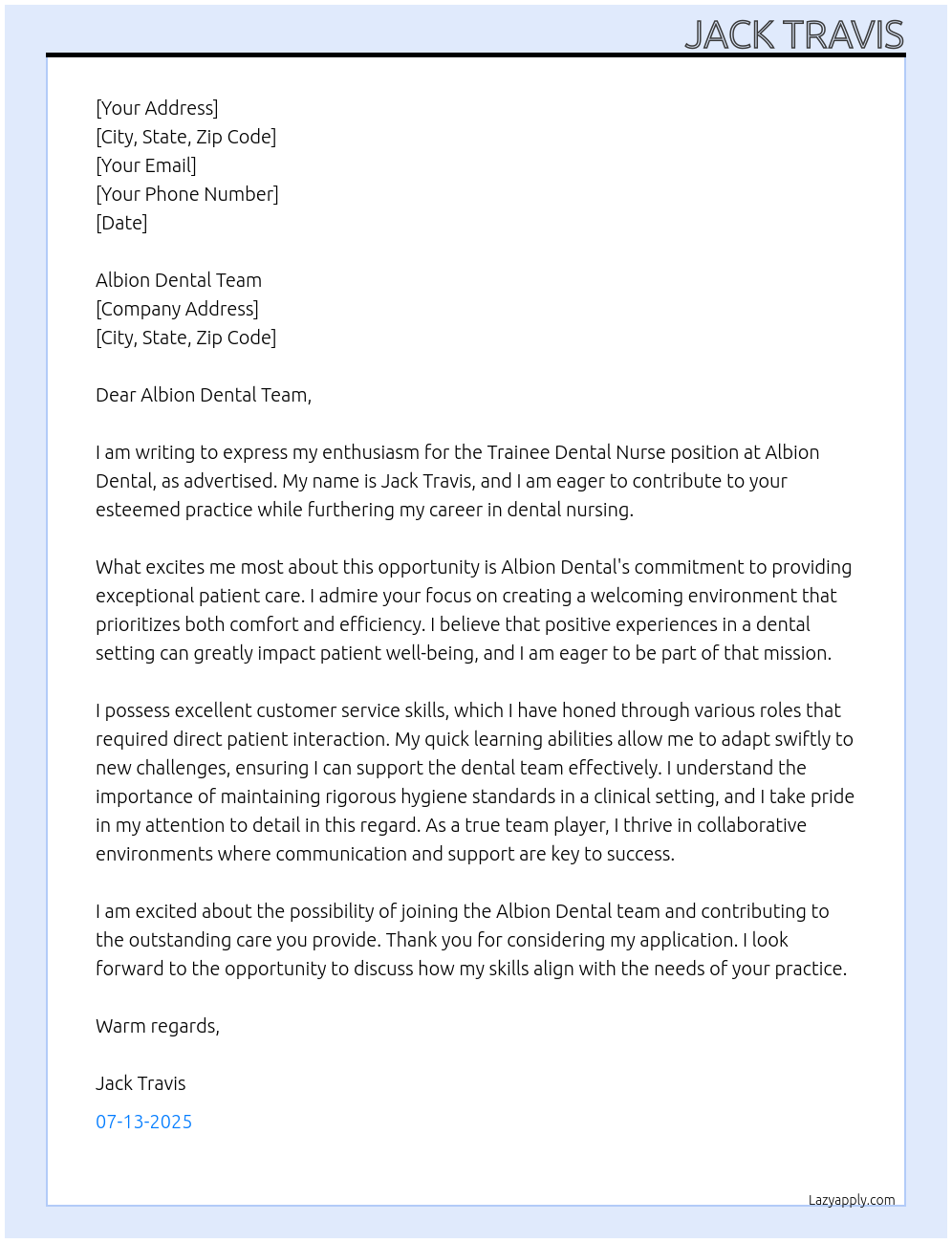 Cover letter for trainee dental nurse - LazyApply