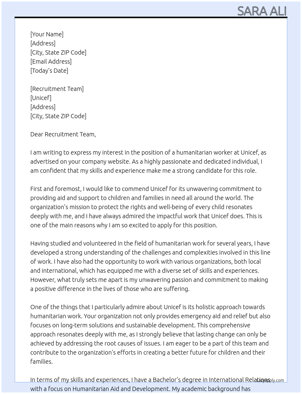 humanitarian work At Unicef Cover Letter