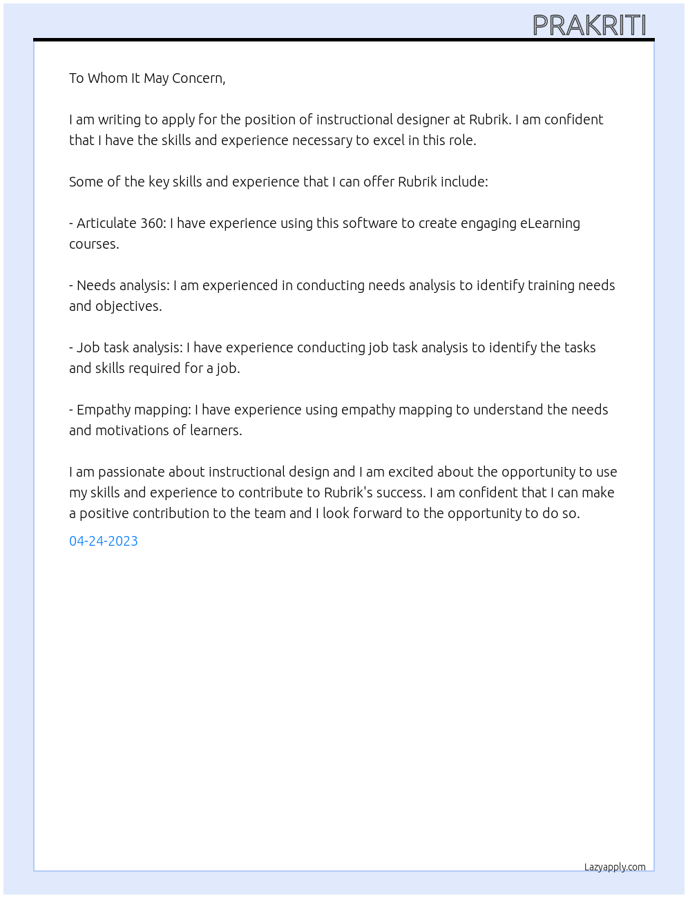Instructional designer At Rubrik Cover Letter