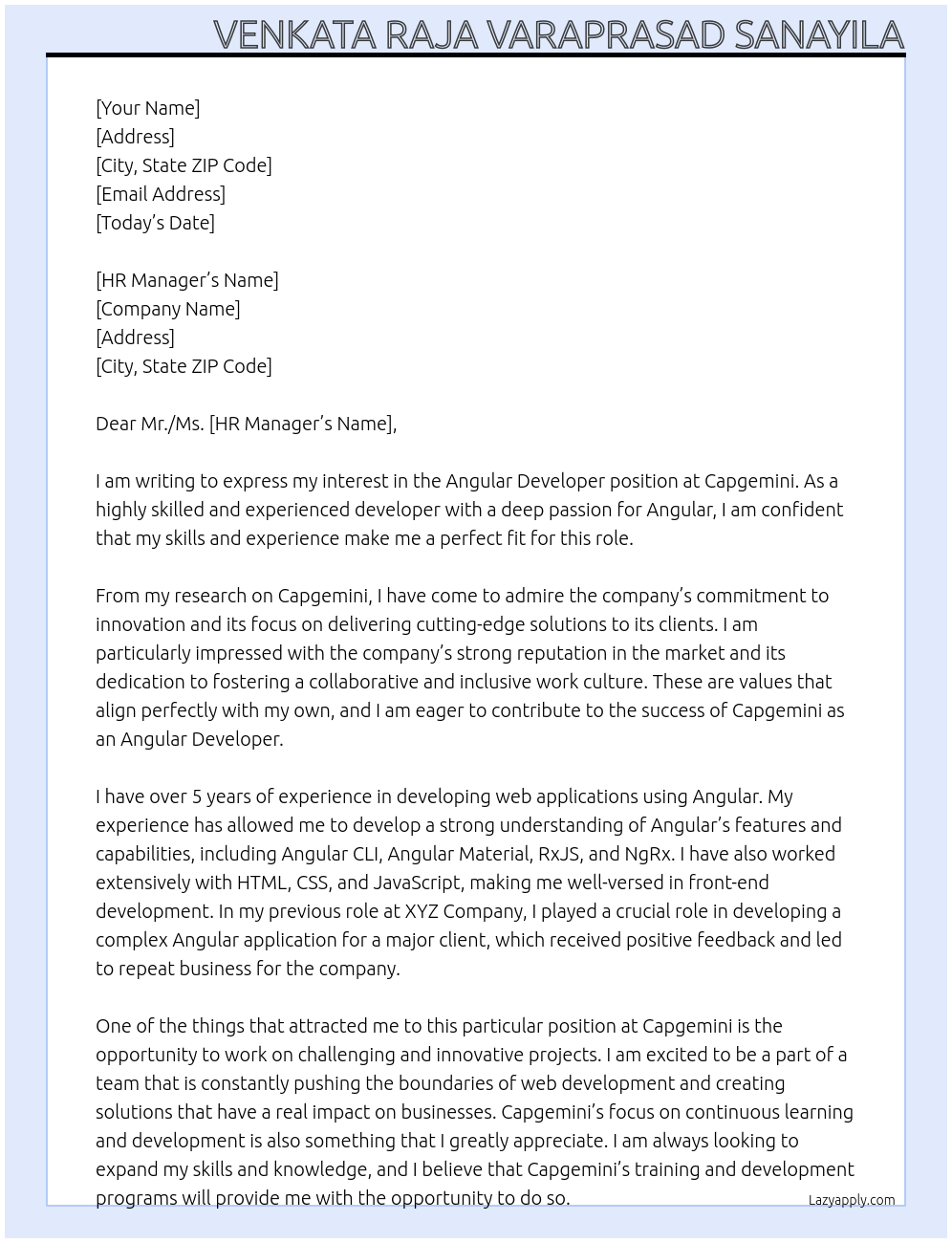 Angular Developer At Capgemini Cover Letter