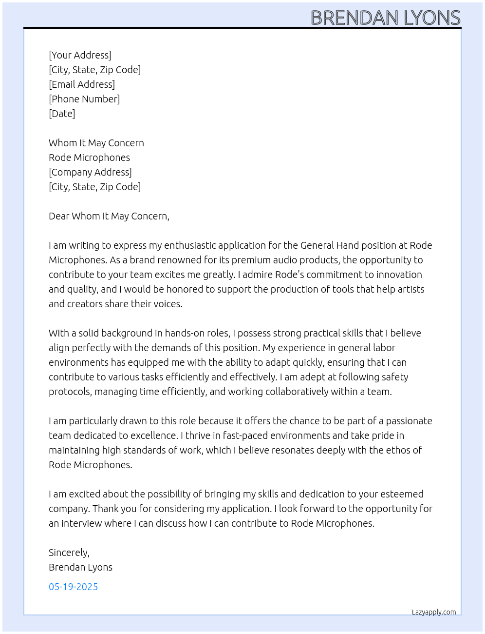 General Hand At Rode Microphones Cover Letter