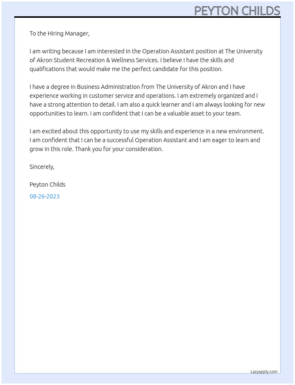 Operation Assistant At  The University of Akron Student Recreation & Wellness Services Cover Letter