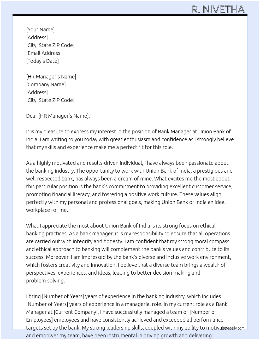 Bank manager  At Union Bank of India  Cover Letter