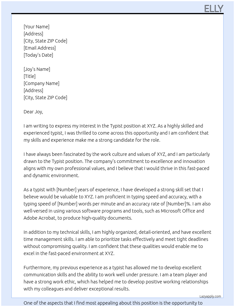 TYPIST At XYZ Cover Letter