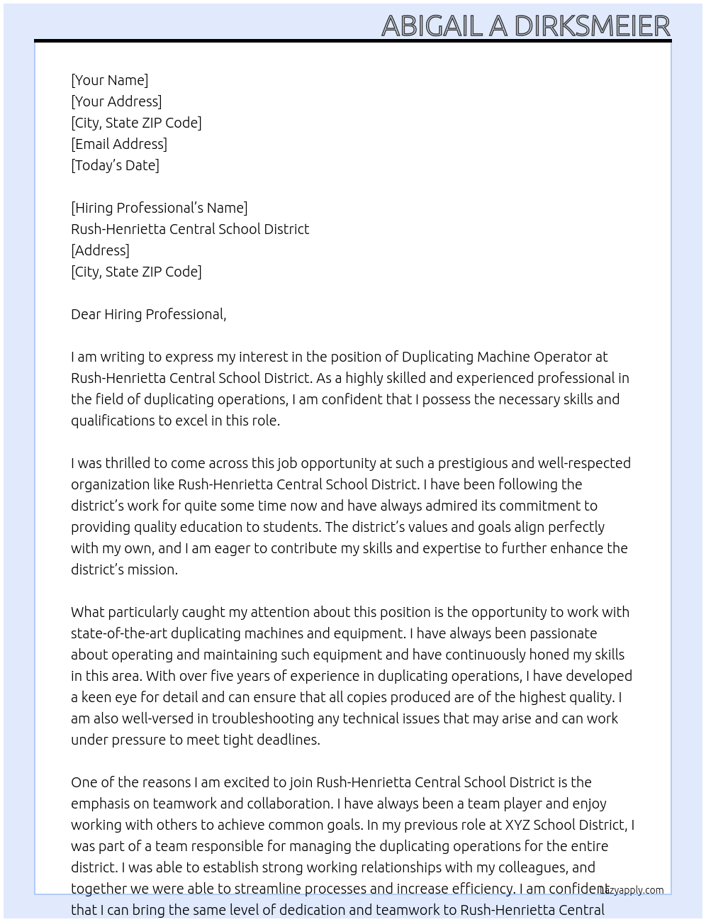 Cover letter for duplicating machine operator - LazyApply