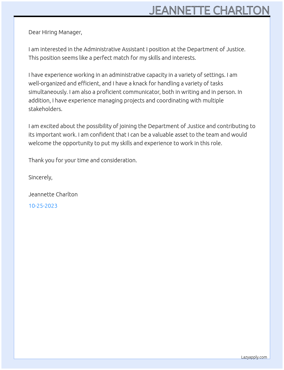 Administrative Assistant I At Department of Justice Cover Letter