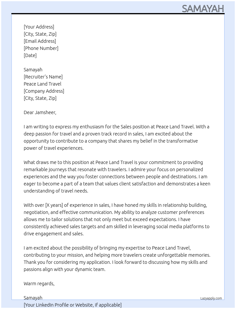 Sales At peace land travel Cover Letter