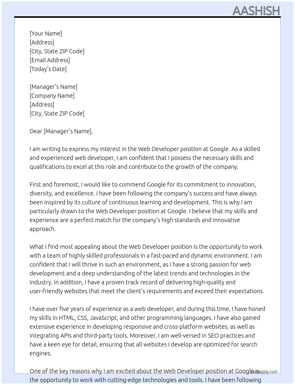 Web Developer At google Cover Letter