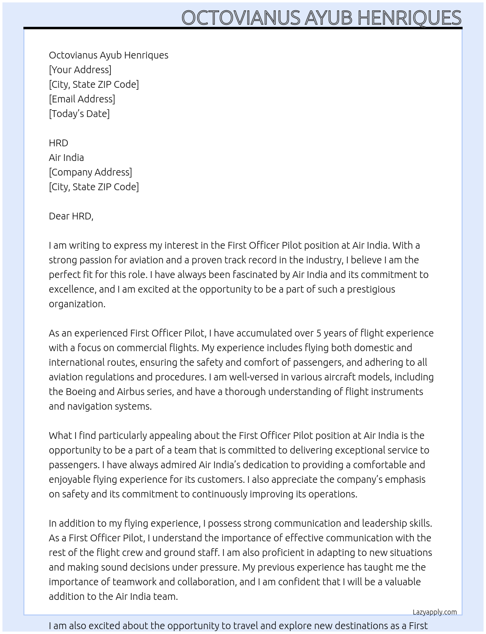 first officer pilot  At Air India Cover Letter