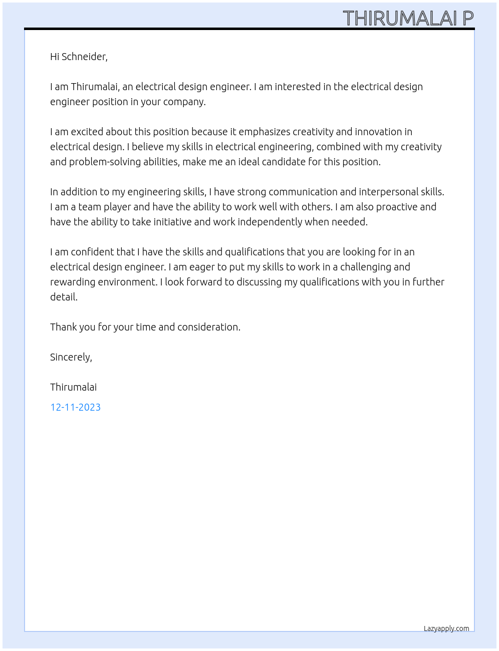 ELECTRICAL DESIGN ENGINEER At SCHNEIDER Cover Letter