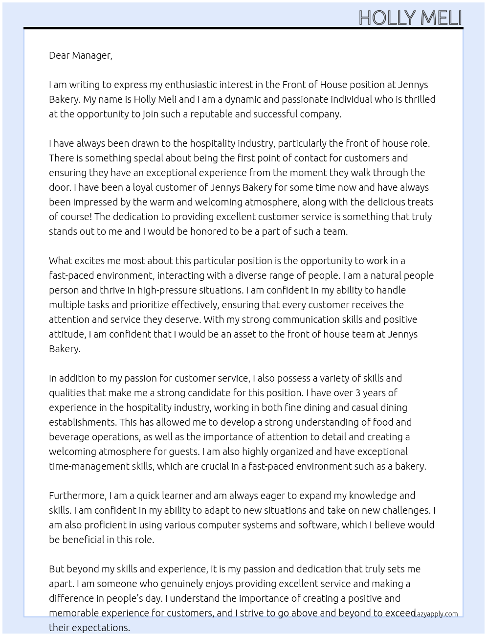 Front of house At Jennys Bakery Cover Letter