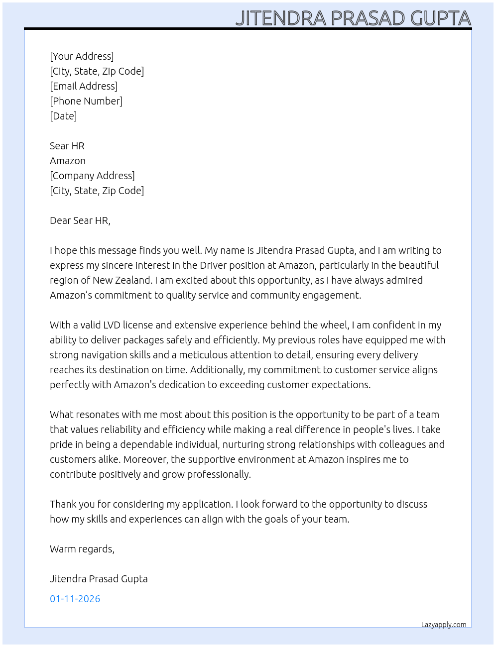 Driver  At Amazon Cover Letter