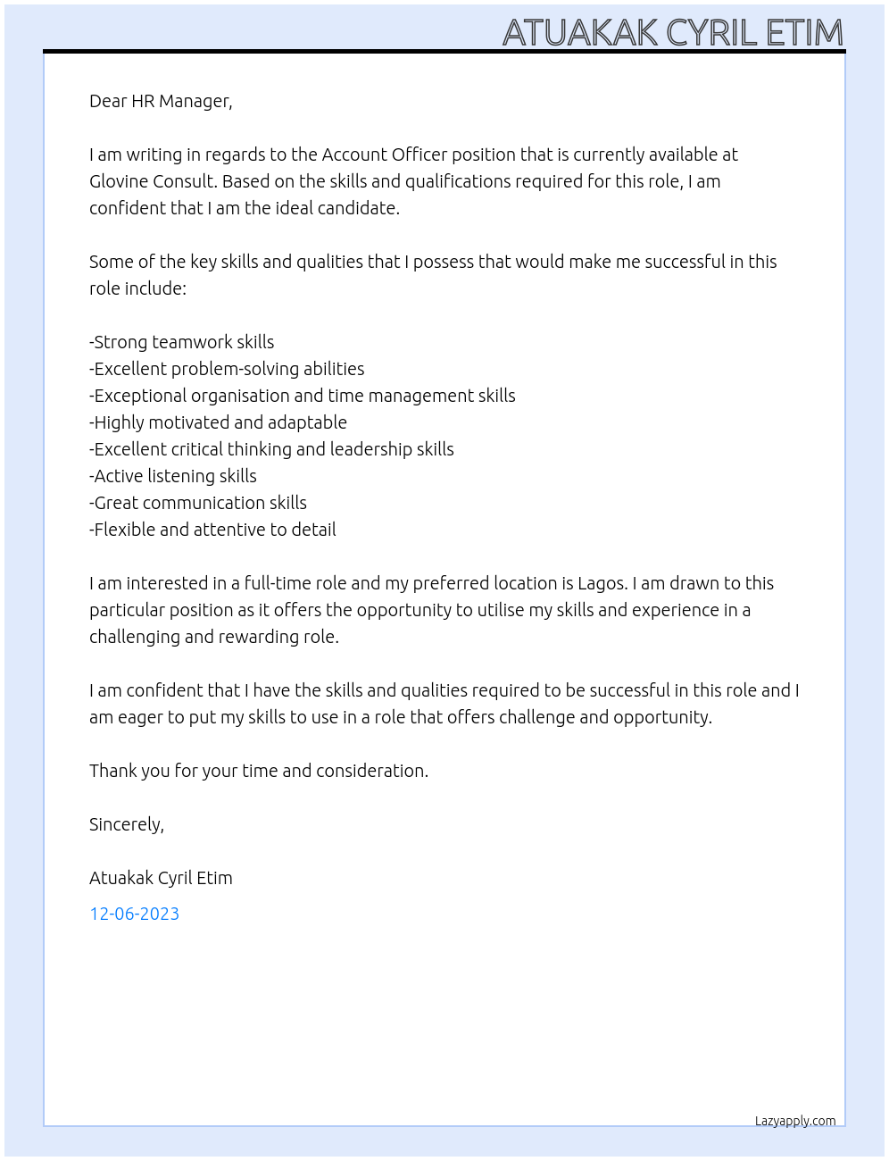 Account Officer At Glovine Consult Cover Letter