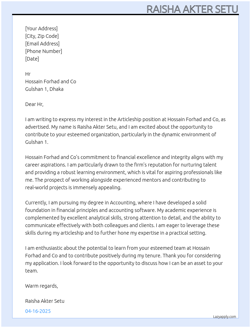 Articleship At Hossain Forhad and Co Cover Letter