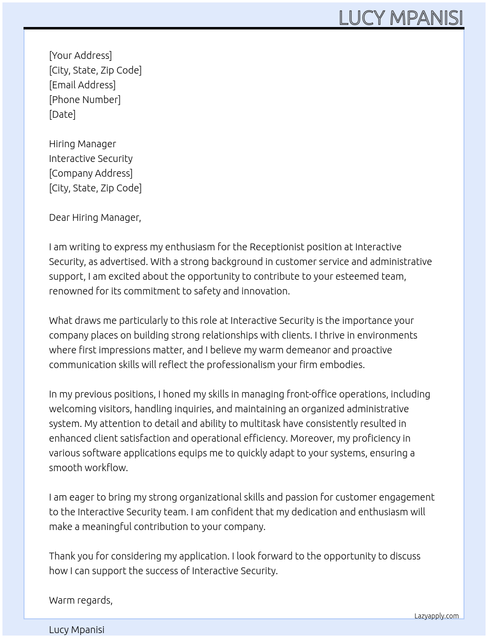 Receptionist At Interactive security Cover Letter