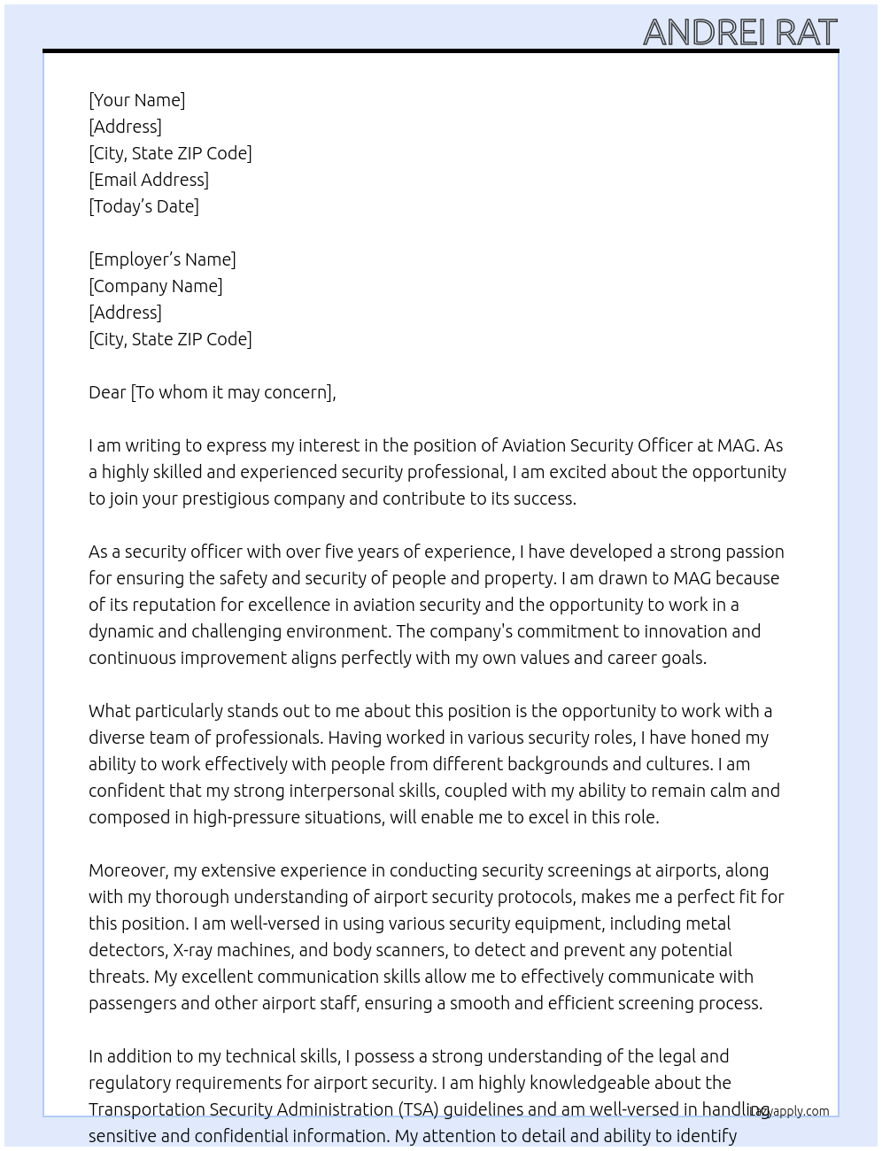 Aviation Security Officer At MAG Cover Letter