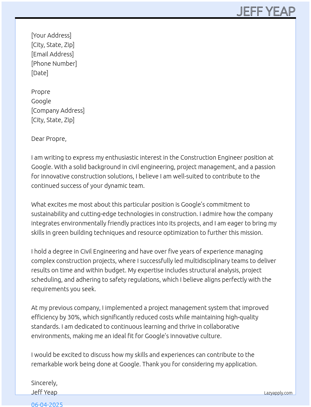 Cover letter for construction engineer - LazyApply