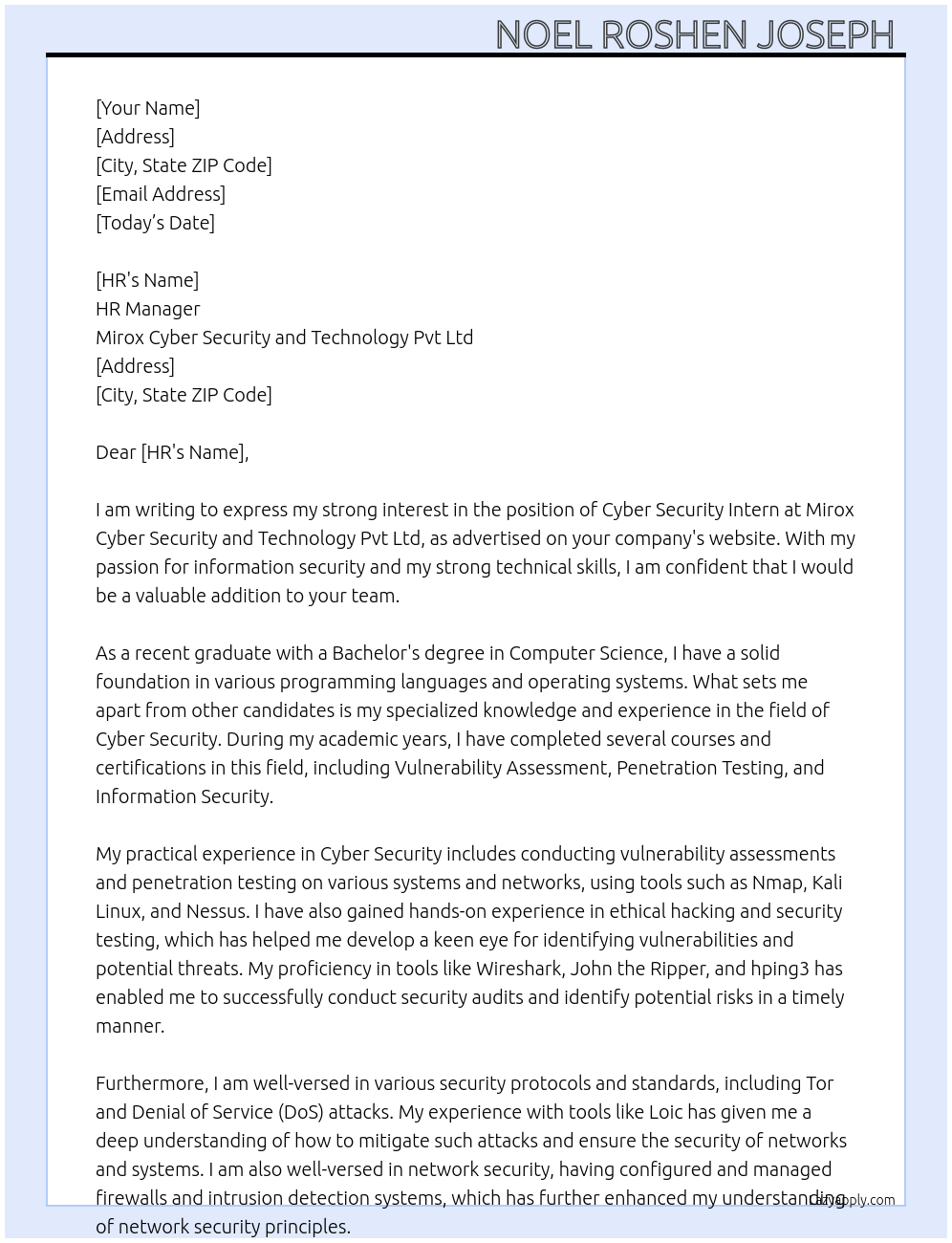 Cyber Security Intern At Mirox cyber security and technology Pvt Ltd Cover Letter