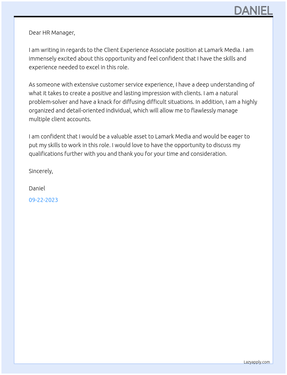 Client Experience Associate  At Lamark Media Cover Letter