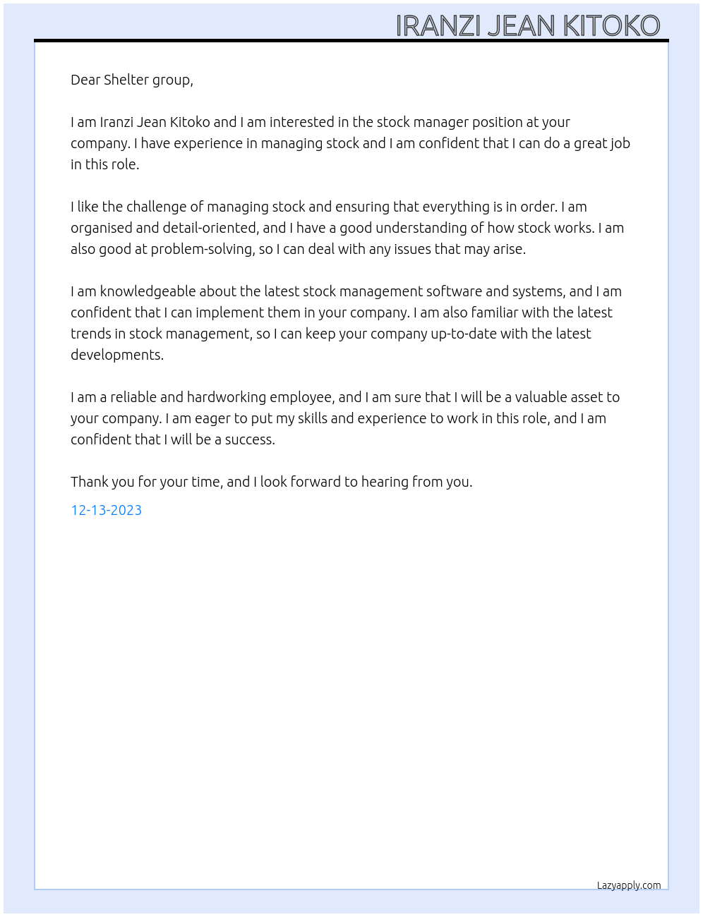 Stock manager  At Shelter group  Cover Letter