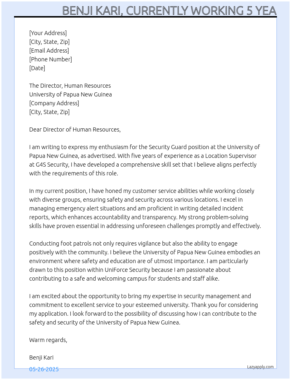 Security Guard At University of Papua New Guinea Cover Letter