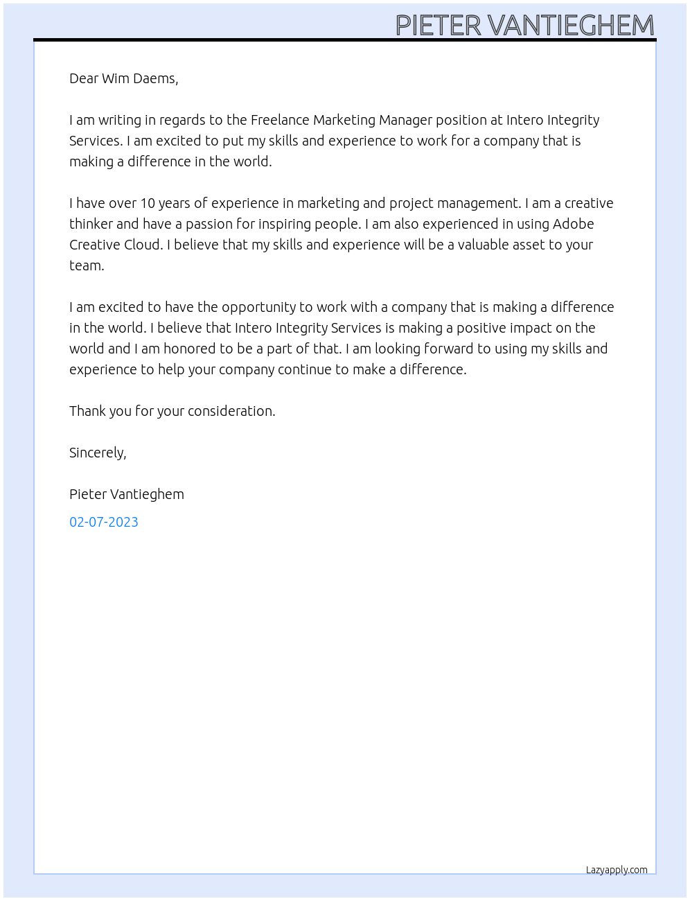Freelance Marketing Manager At Intero Integrity Services Cover Letter