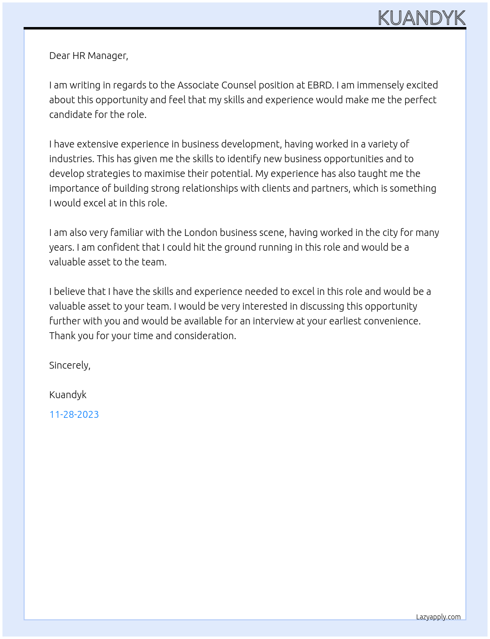 Associate Counsel At EBRD Cover Letter