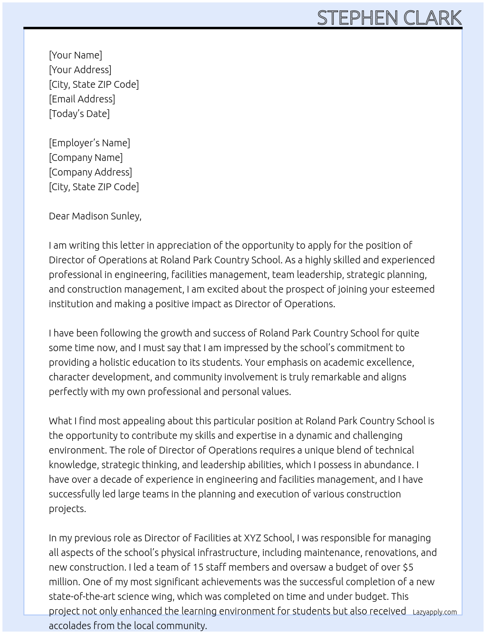 Director of Operations At Roland Park Country School Cover Letter