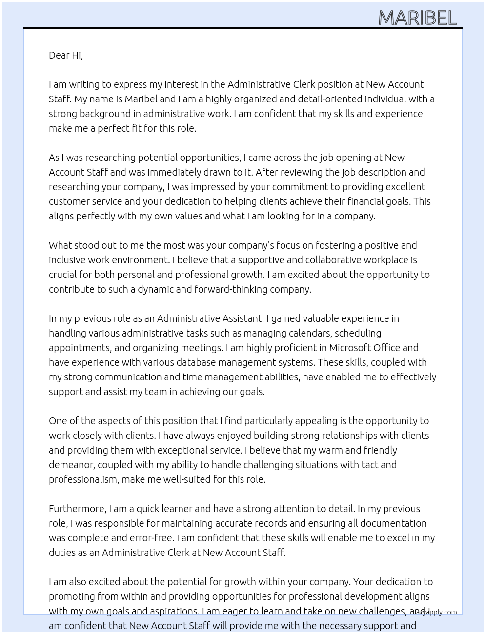 Administrative Clerk At New account staff Cover Letter